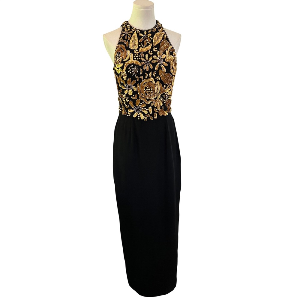 Vintage Alyce Designs Black Silk Gold Beaded Sequin Halter Maxi Dress Size 8